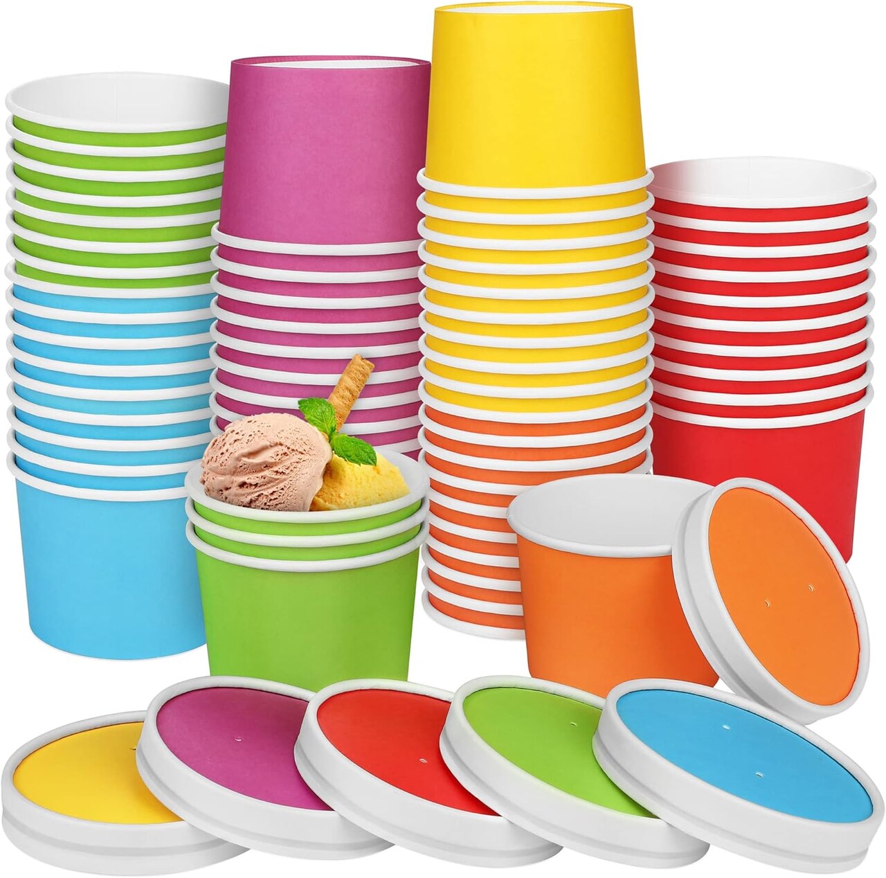 60 Pack 8 Ounces Ice Cream Paper Cups with Lids Disposable Paper Dessert Bowls Ice Cream Containers Sundae Snack Party Supplies Treat Soup Cups for Camping, Trips, Picnics, and Events